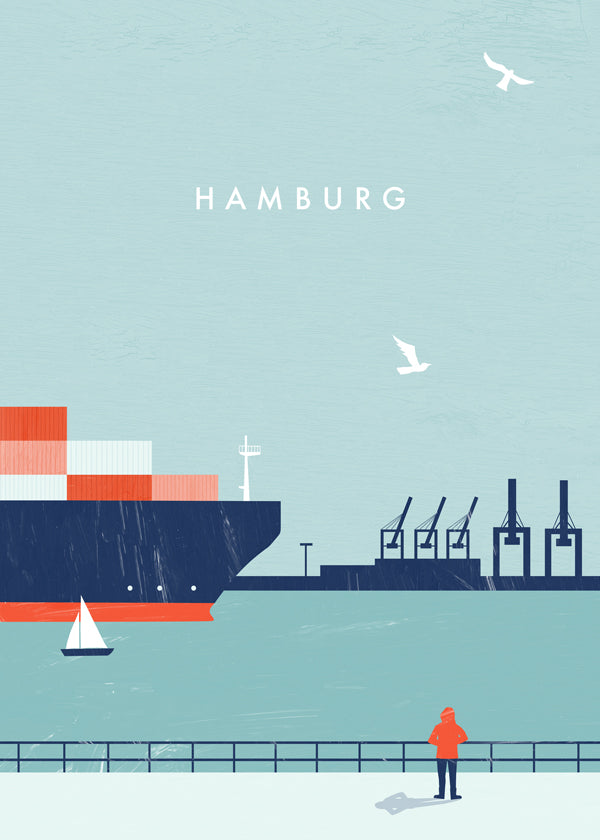 Reseaffisch Hamburg hamn illustration