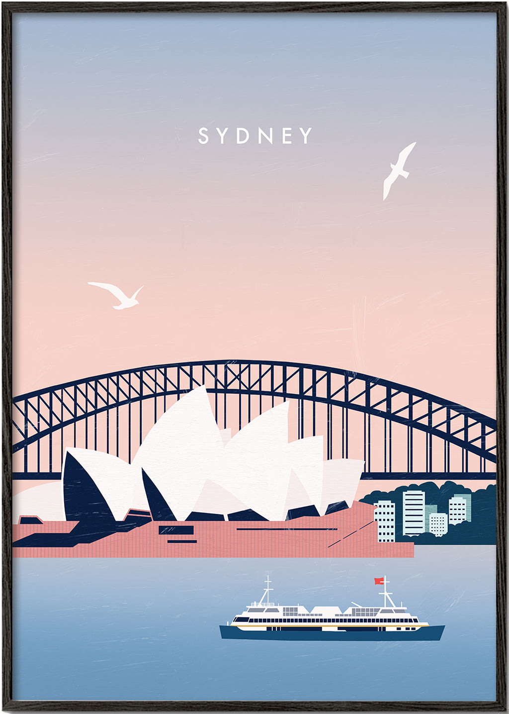 Reseaffisch Sydney: Operahuset och bron i illustration