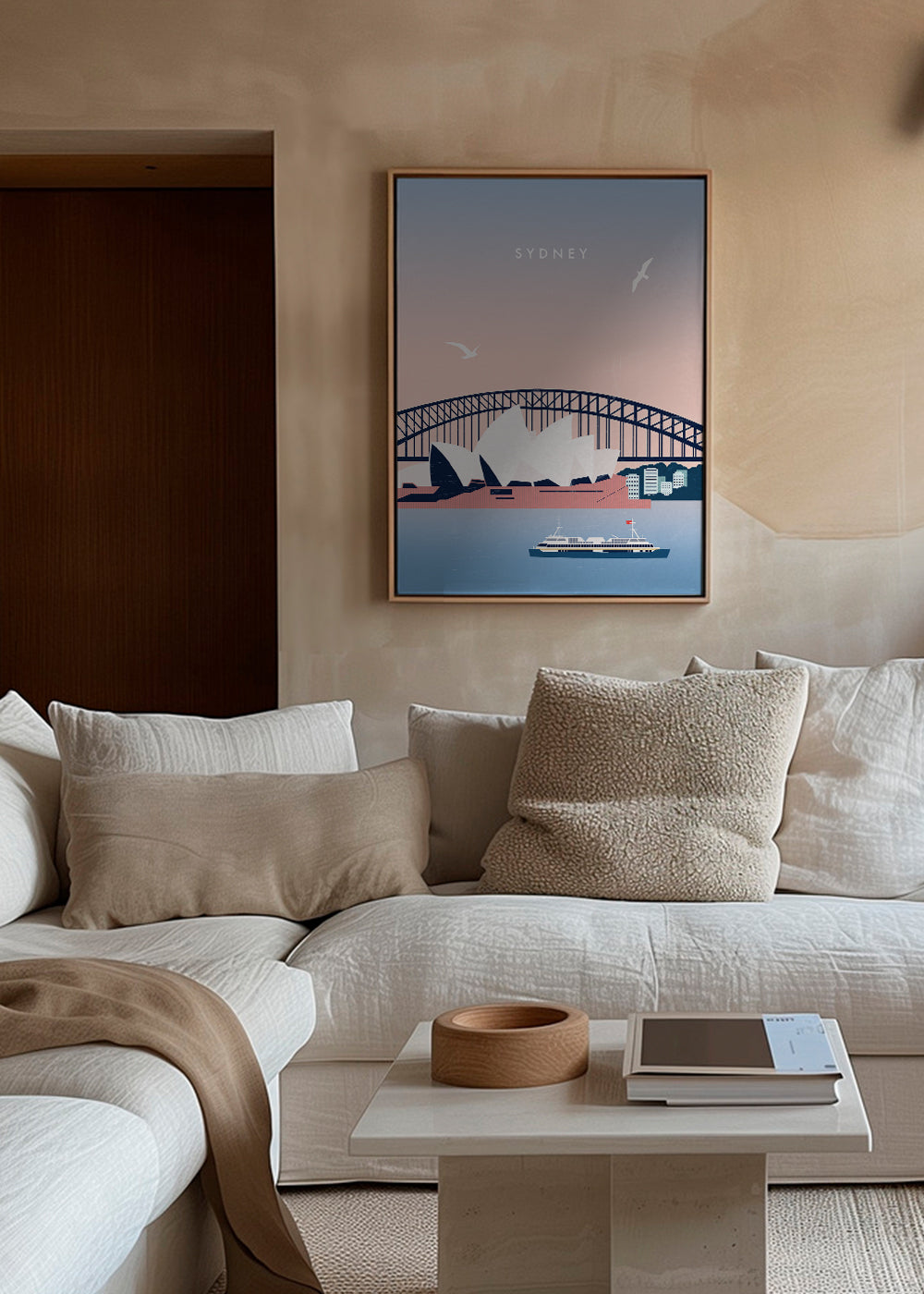Reseaffisch Sydney: Operahuset och bron i illustration