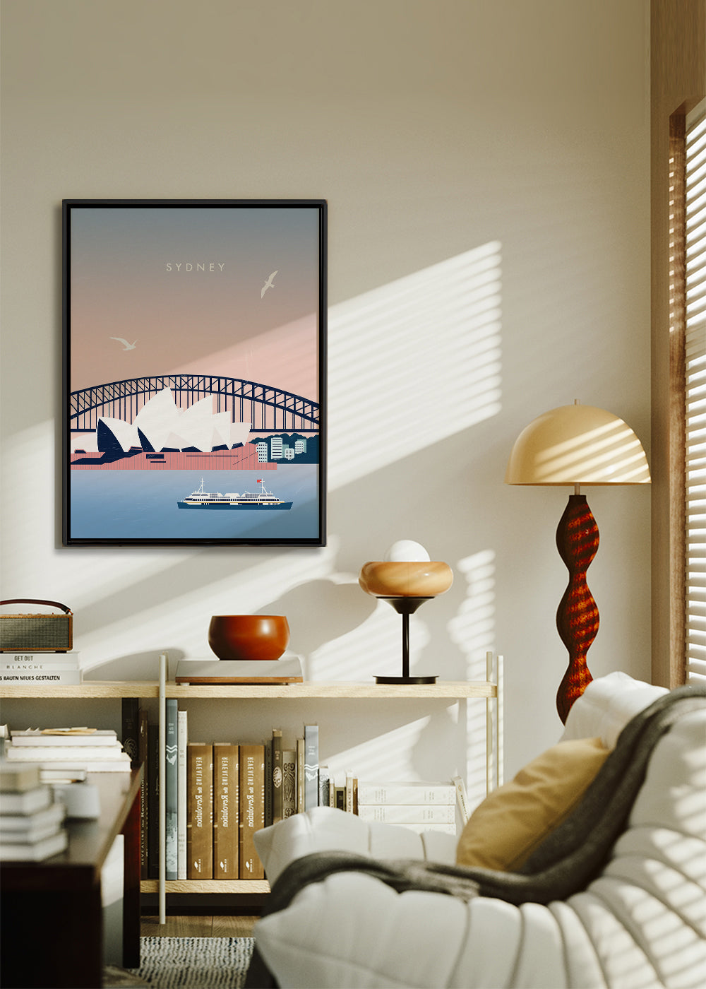 Reseaffisch Sydney: Operahuset och bron i illustration
