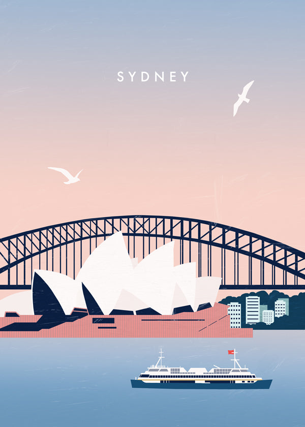 Reseaffisch Sydney: Operahuset och bron i illustration