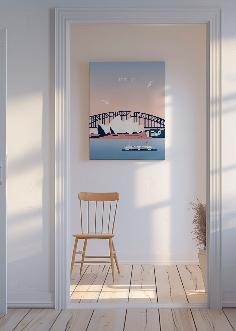Reseaffisch Sydney: Operahuset och bron i illustration
