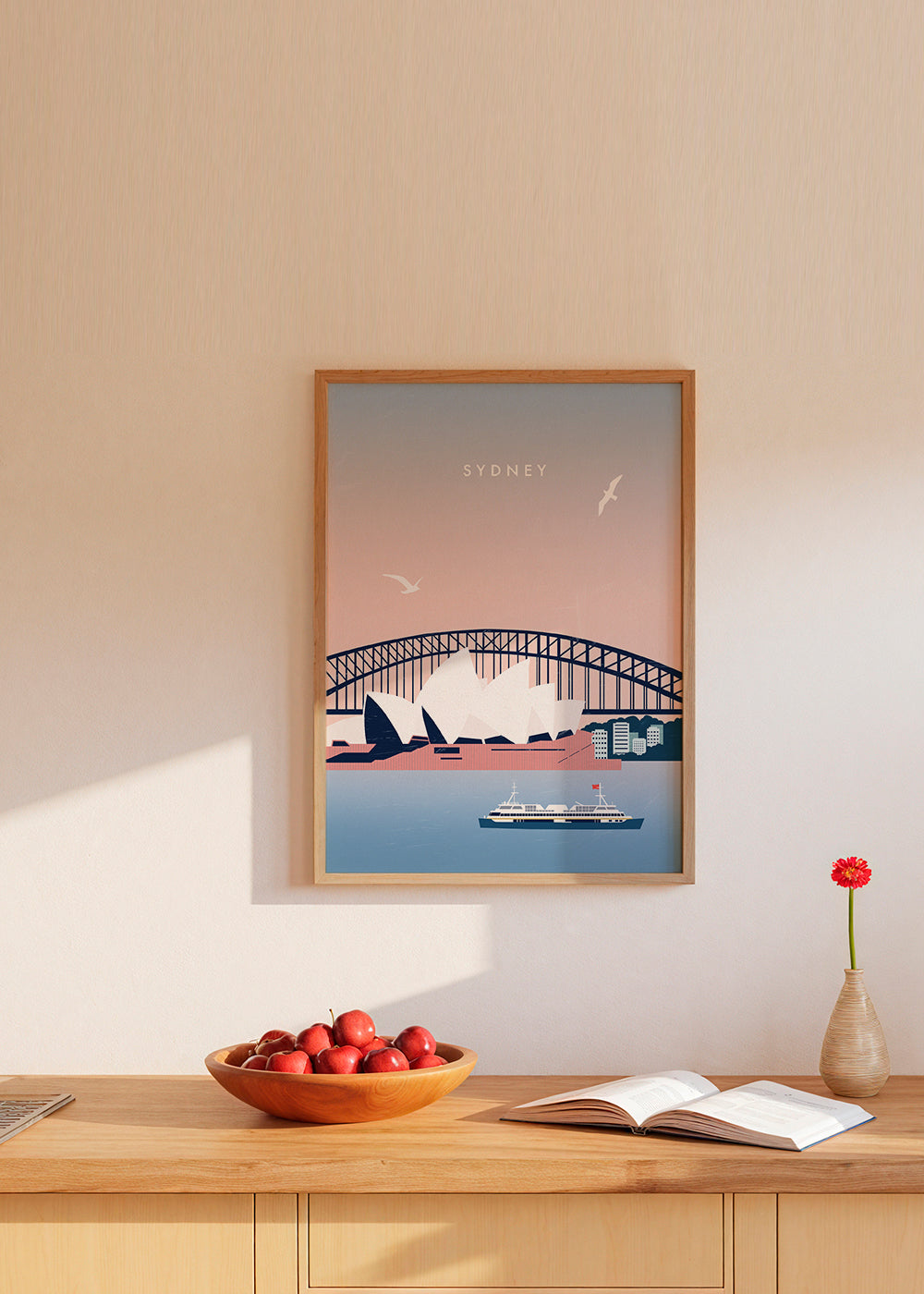 Reseaffisch Sydney: Operahuset och bron i illustration