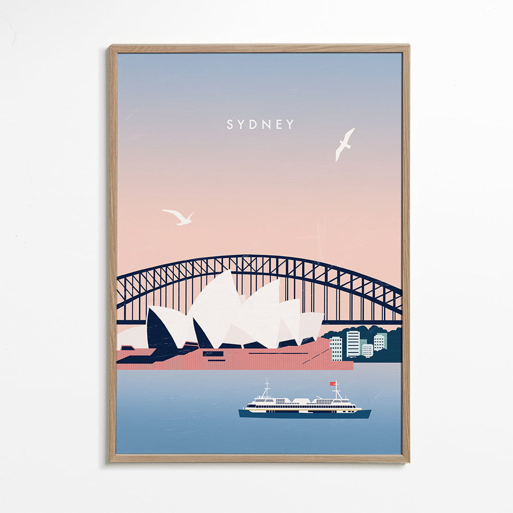 Reseaffisch Sydney: Operahuset och bron i illustration