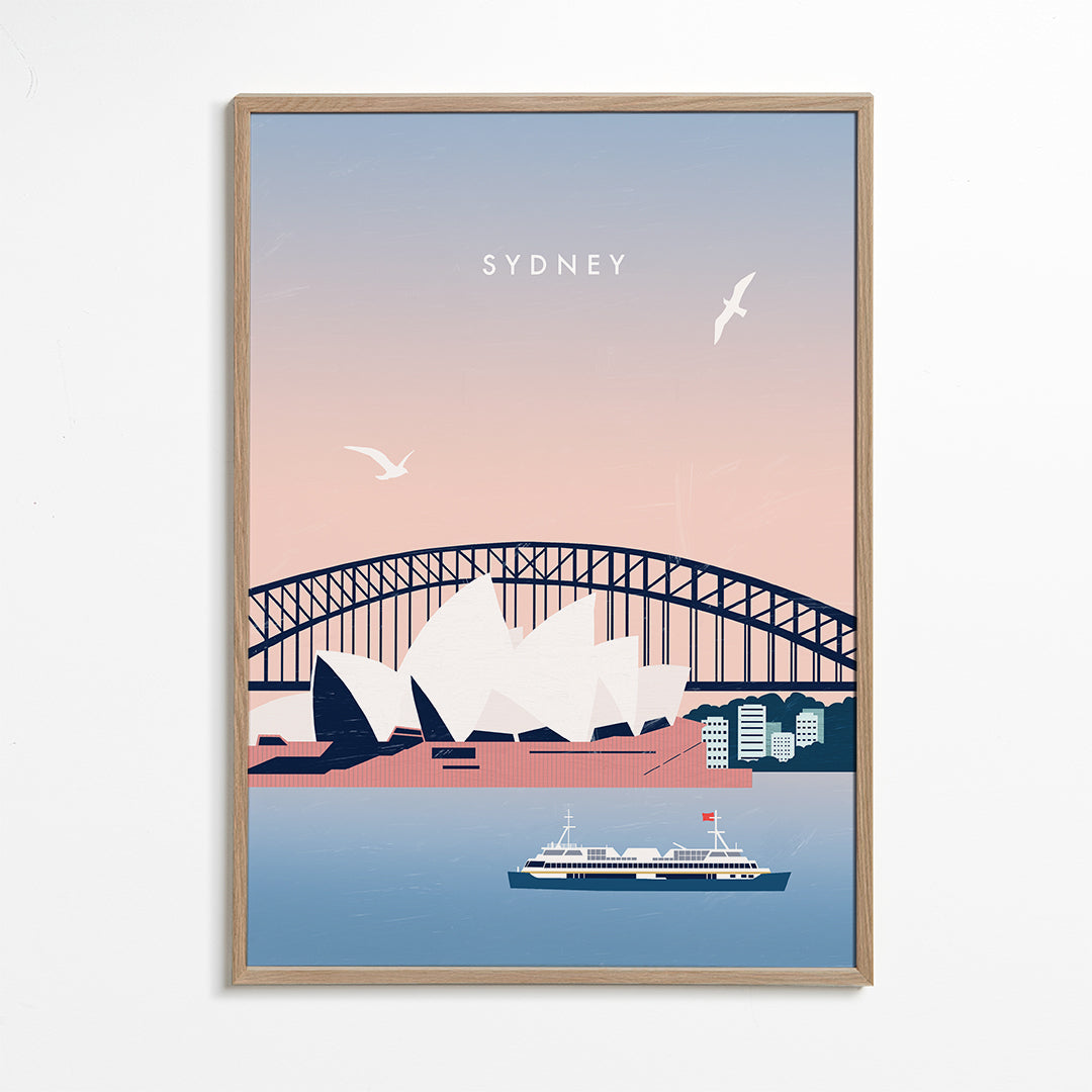 Reseaffisch Sydney: Operahuset och bron i illustration