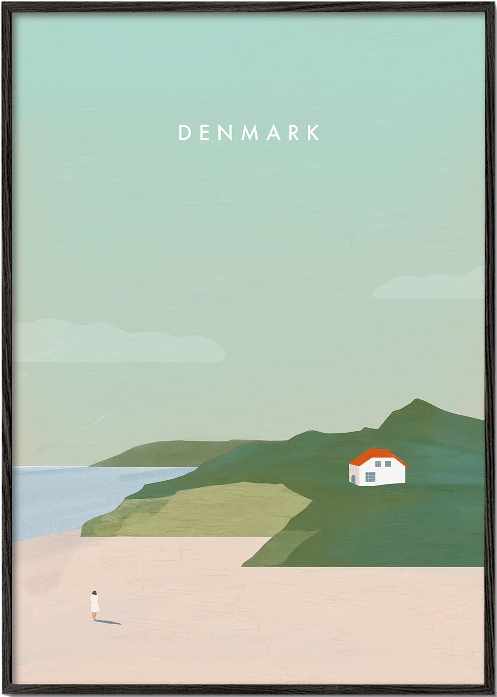Minimalistisk landskapskonst med rött tak