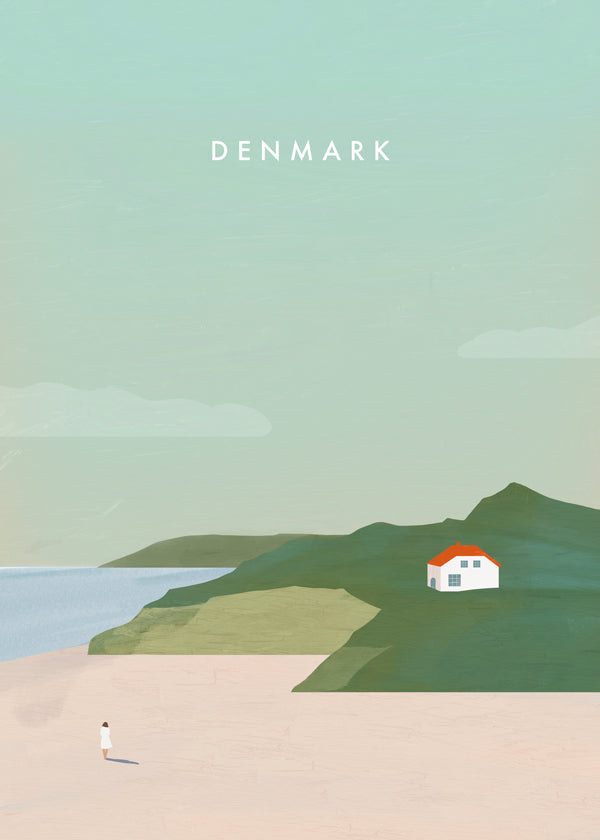 Minimalistisk landskapskonst med rött tak