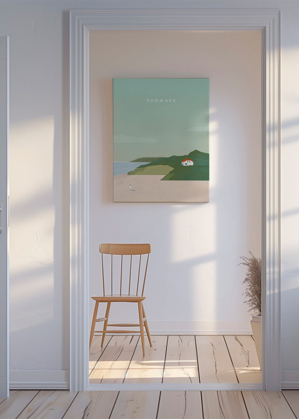 Minimalistisk landskapskonst med rött tak