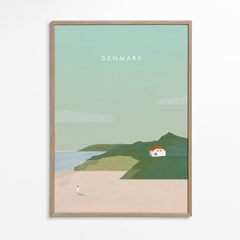 Minimalistisk landskapskonst med rött tak