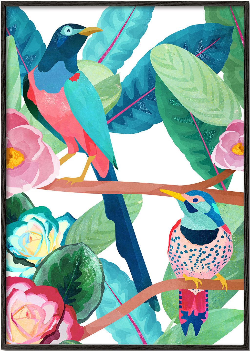 Illustration fåglar och blommor på gren