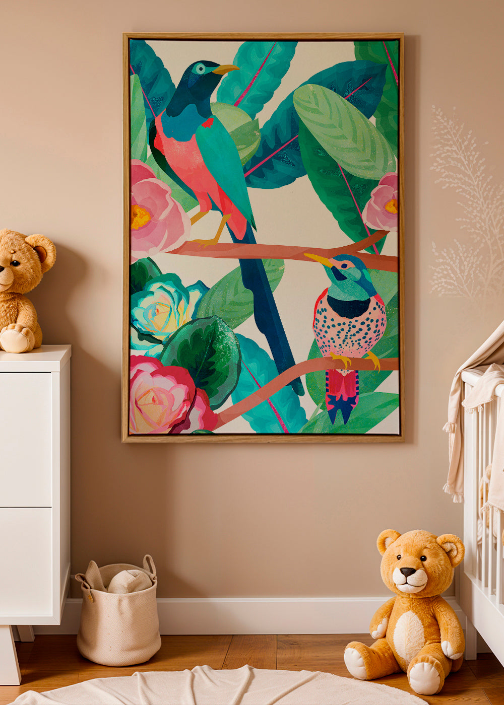 Illustration fåglar och blommor på gren
