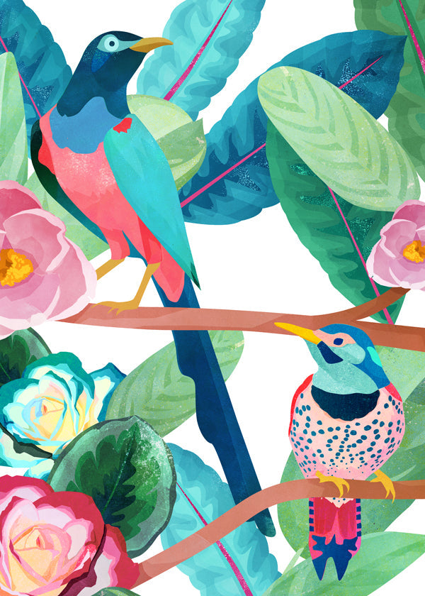 Illustration fåglar och blommor på gren