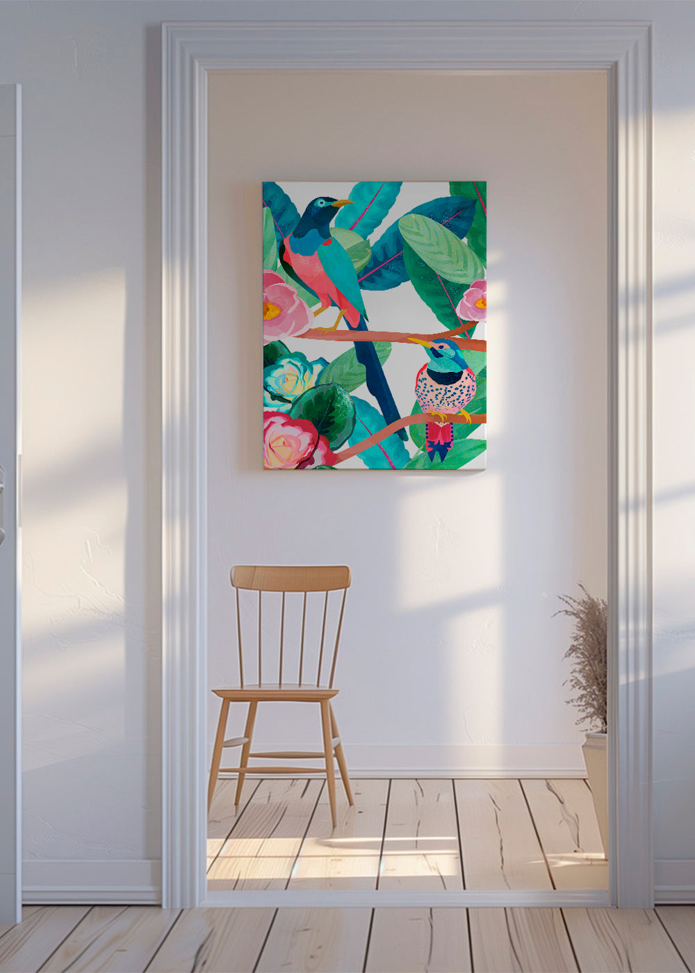 Illustration fåglar och blommor på gren