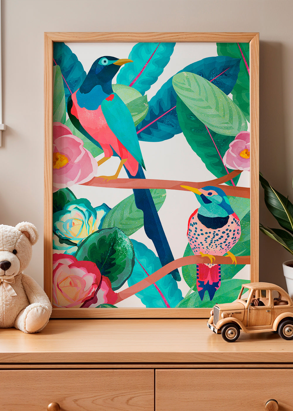 Illustration fåglar och blommor på gren