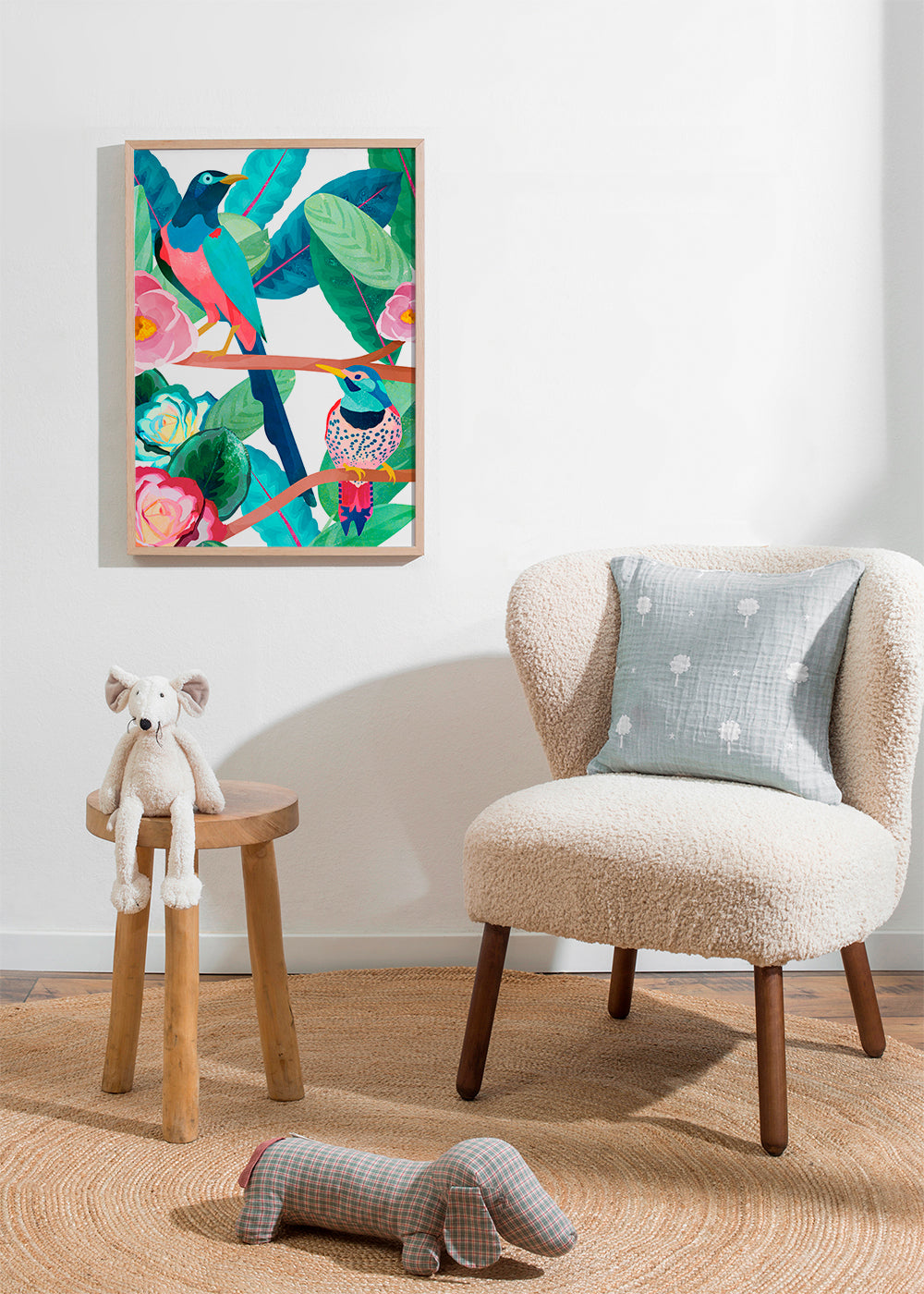 Illustration fåglar och blommor på gren