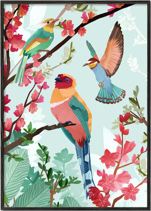 Illustration fåglar och blommor