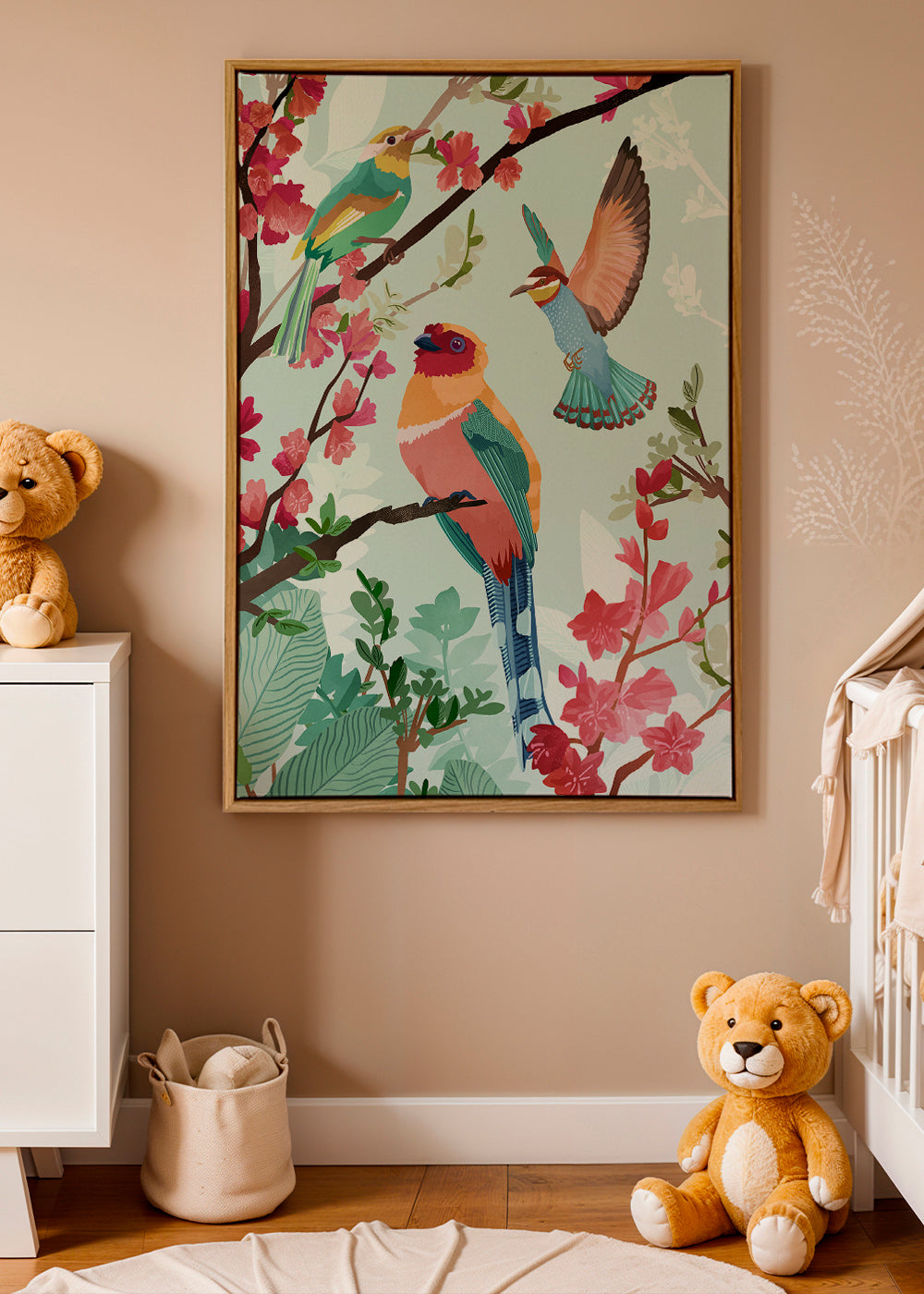 Illustration fåglar och blommor