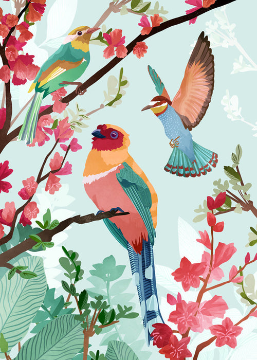 Illustration fåglar och blommor