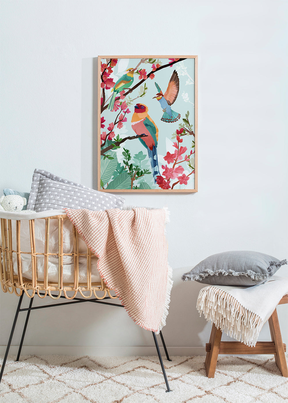Illustration fåglar och blommor