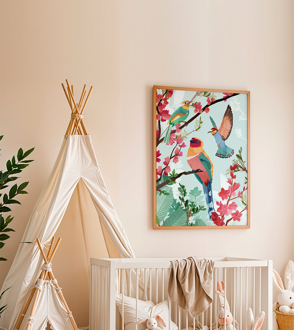 Illustration fåglar och blommor