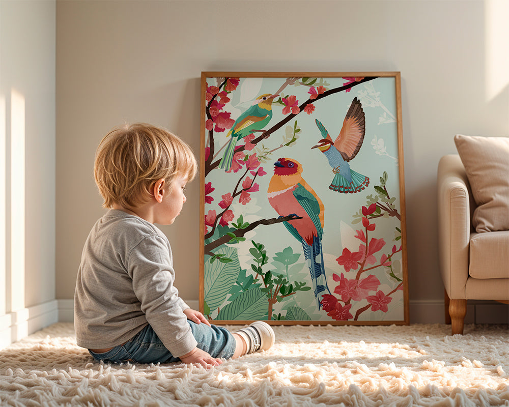 Illustration fåglar och blommor