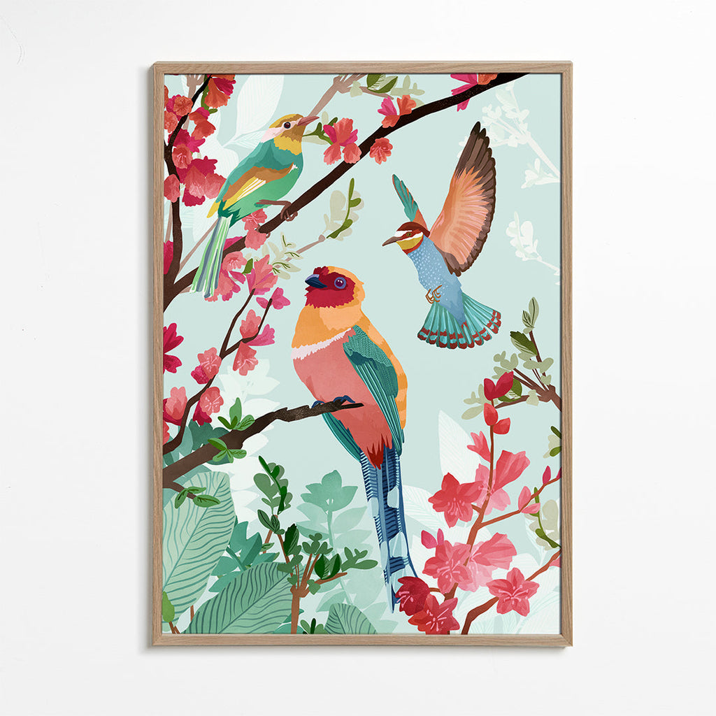Illustration fåglar och blommor