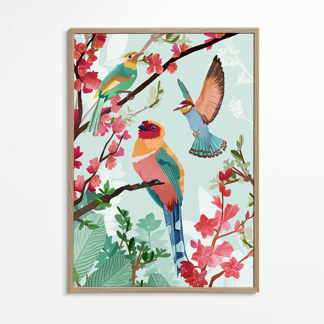 Illustration fåglar och blommor