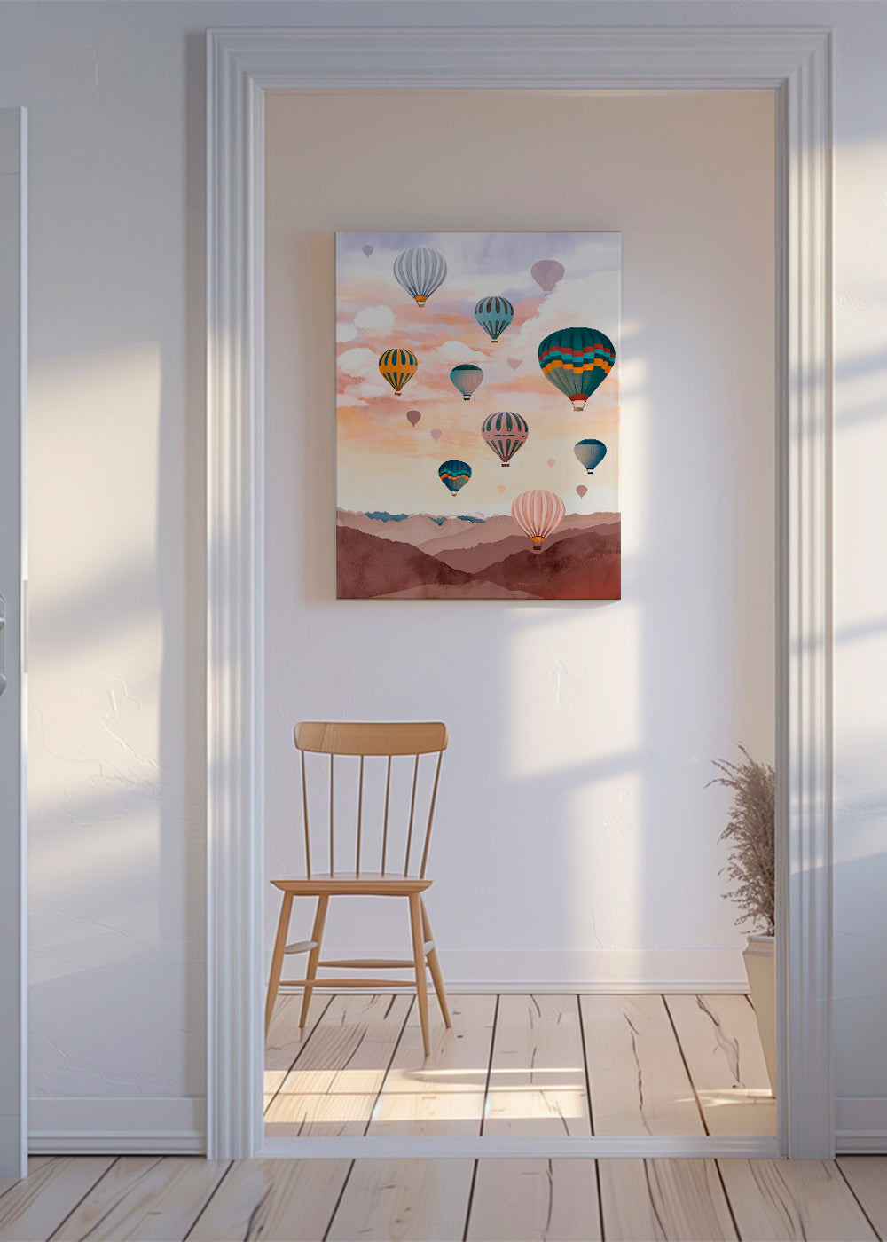 Landskapskonst med varmluftsballonger vid soluppgång