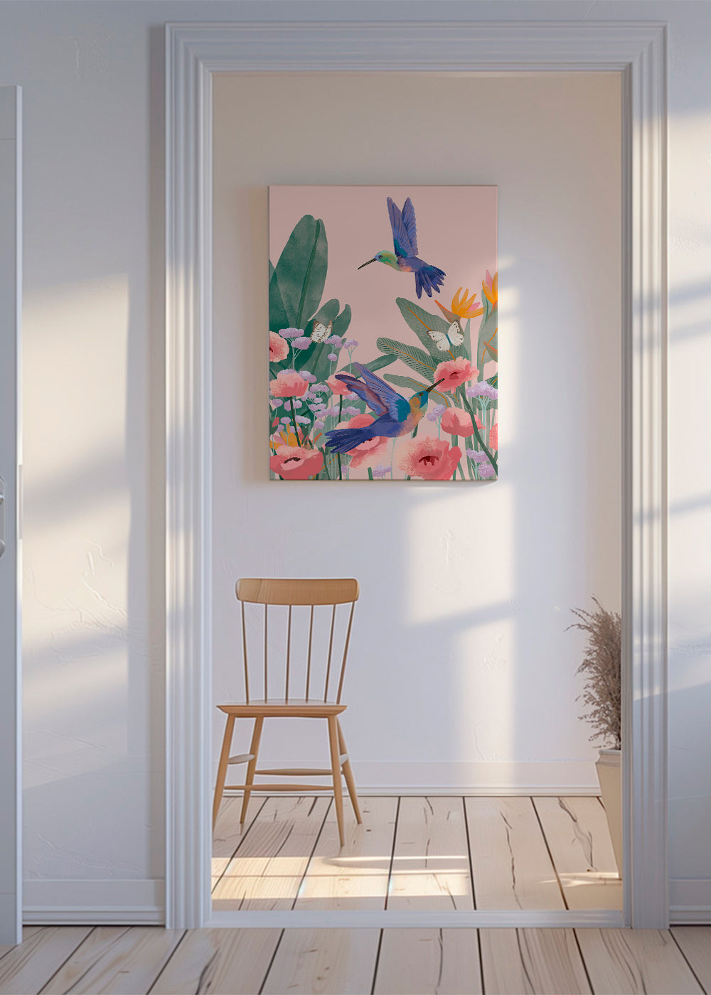 Botaniskt tryck med kolibrier och blommor på rosa bakgrund
