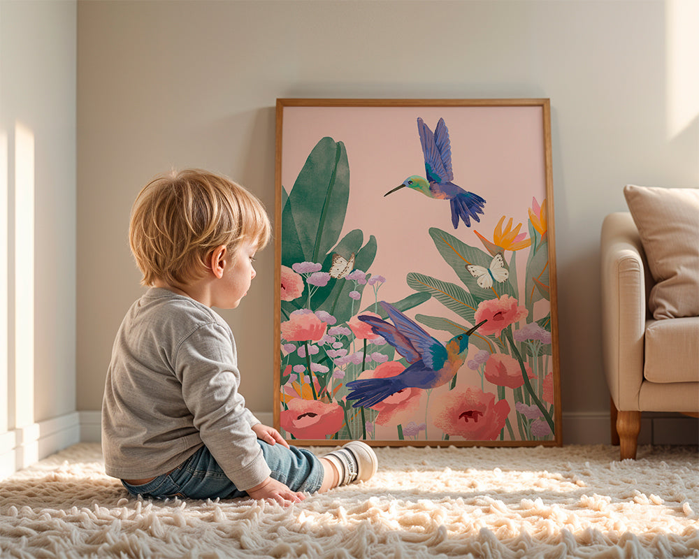 Botaniskt tryck med kolibrier och blommor på rosa bakgrund