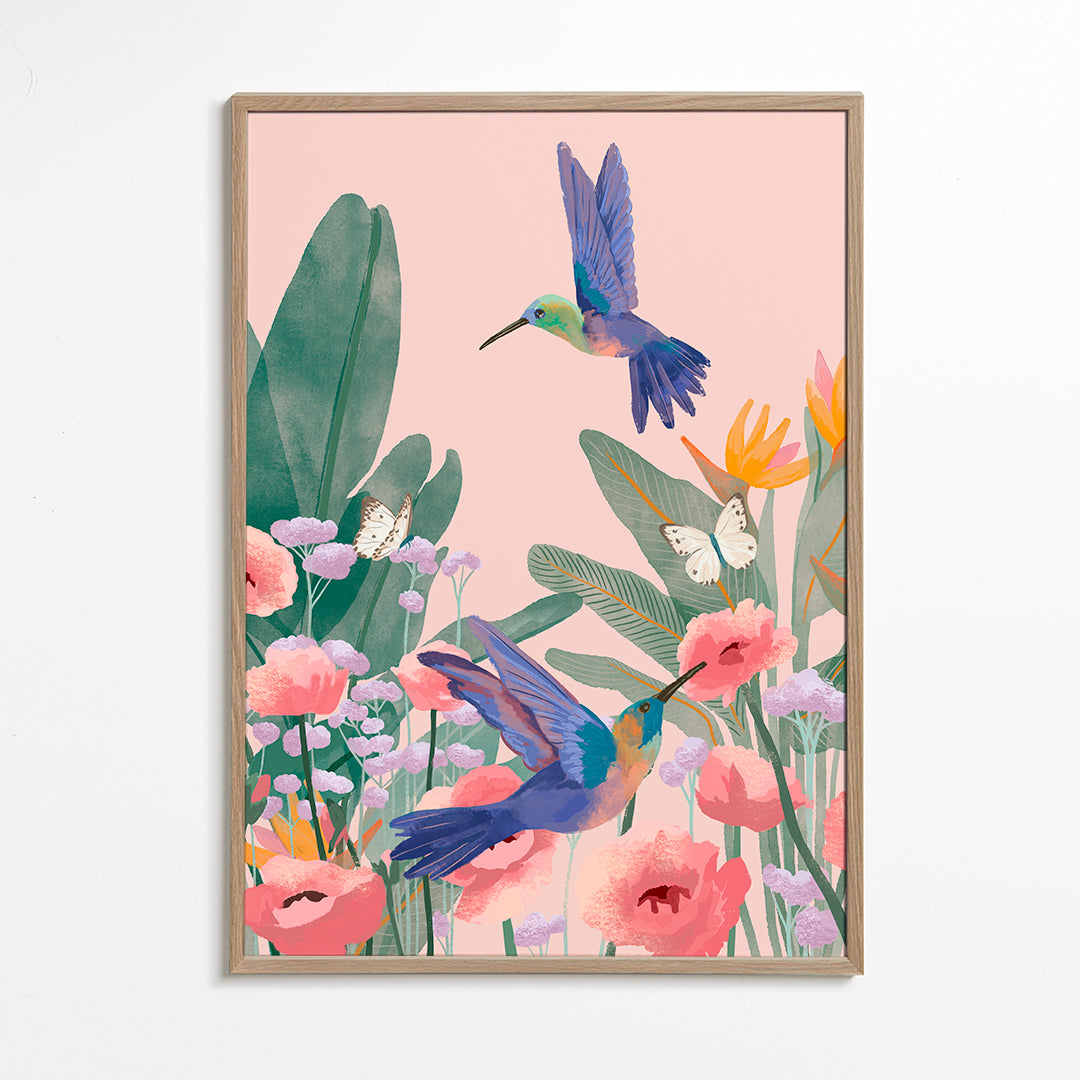 Botaniskt tryck med kolibrier och blommor på rosa bakgrund