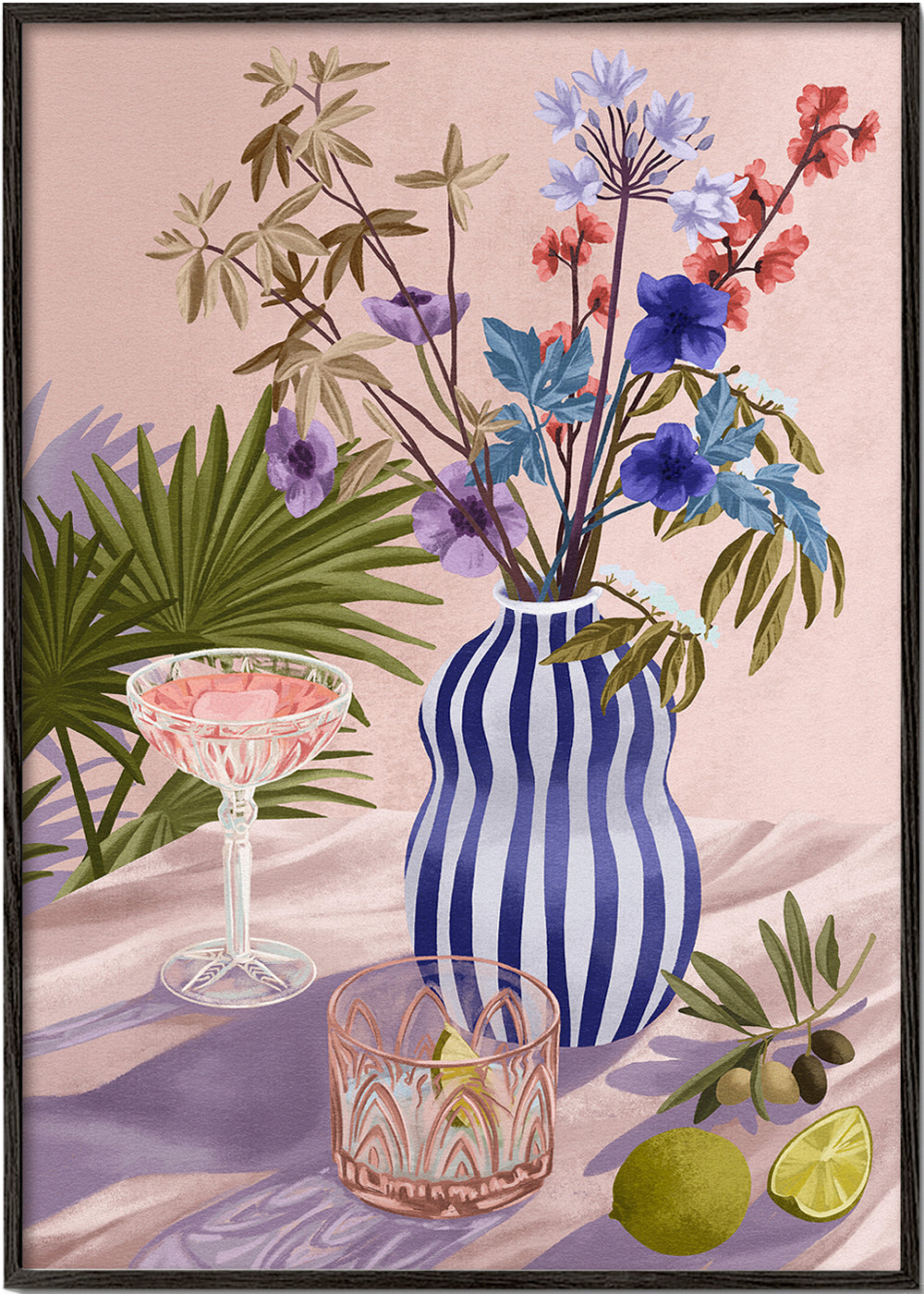Botanisk poster: blommor i randig vas