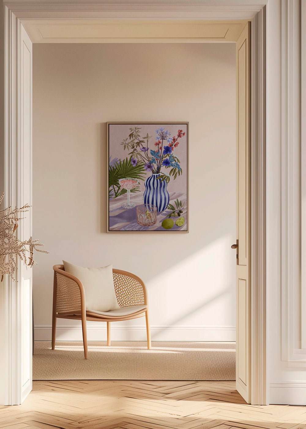 Botanisk poster: blommor i randig vas