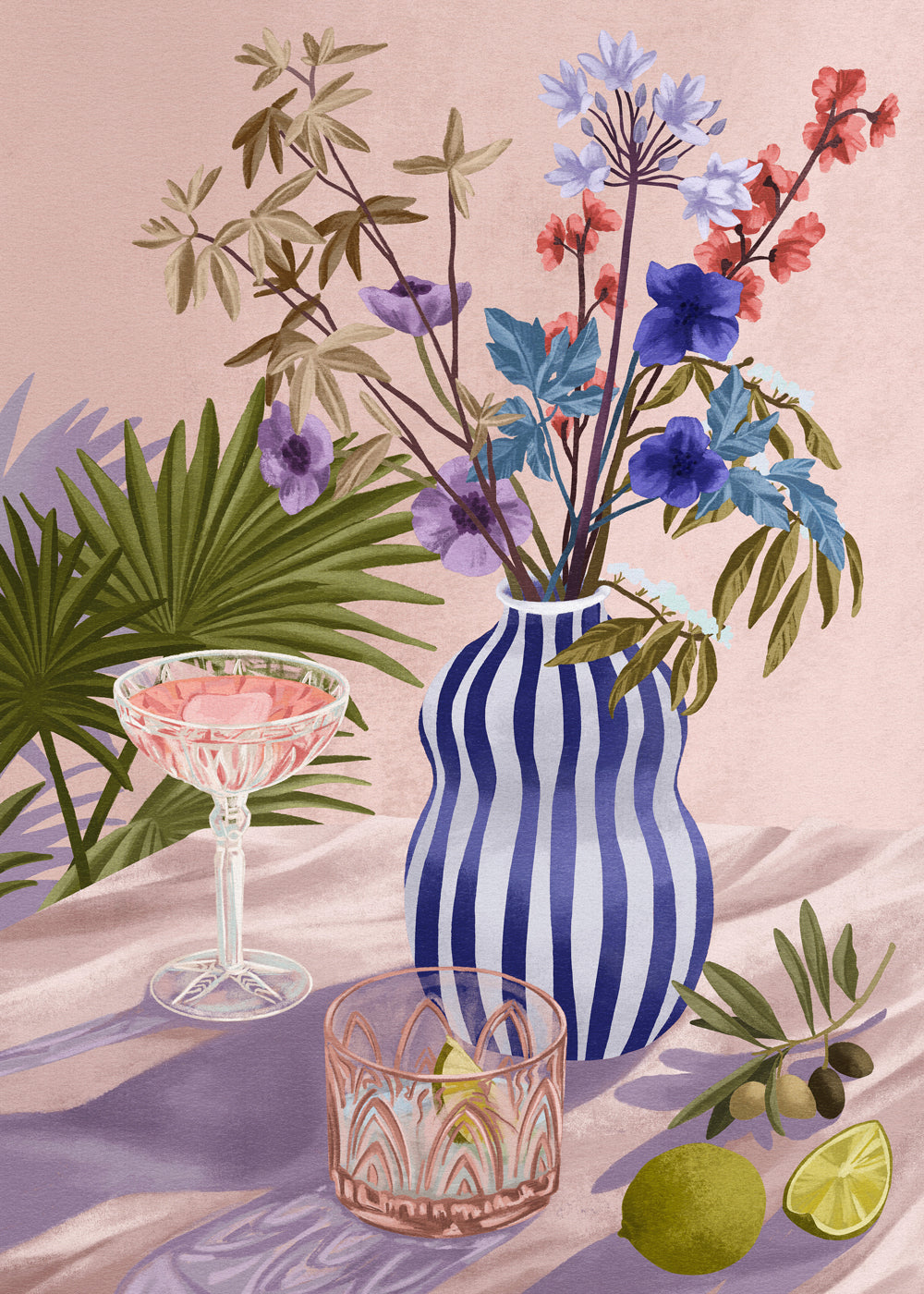 Botanisk poster: blommor i randig vas