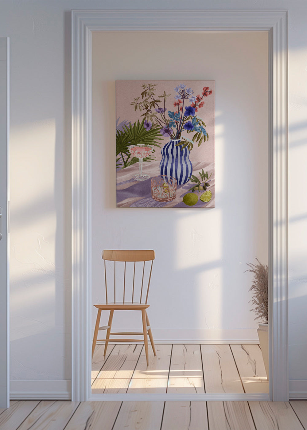 Botanisk poster: blommor i randig vas