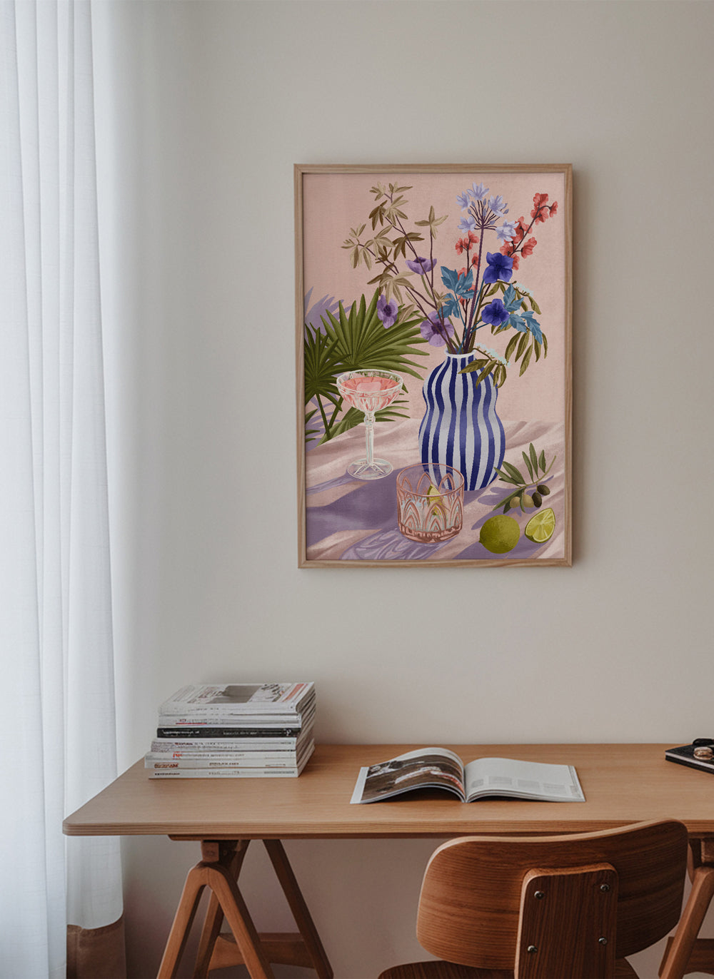 Botanisk poster: blommor i randig vas