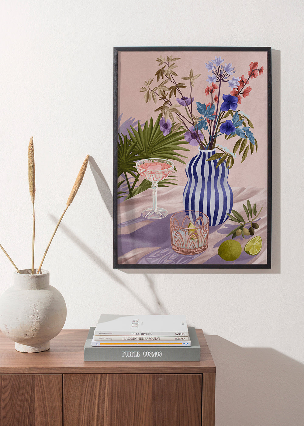 Botanisk poster: blommor i randig vas