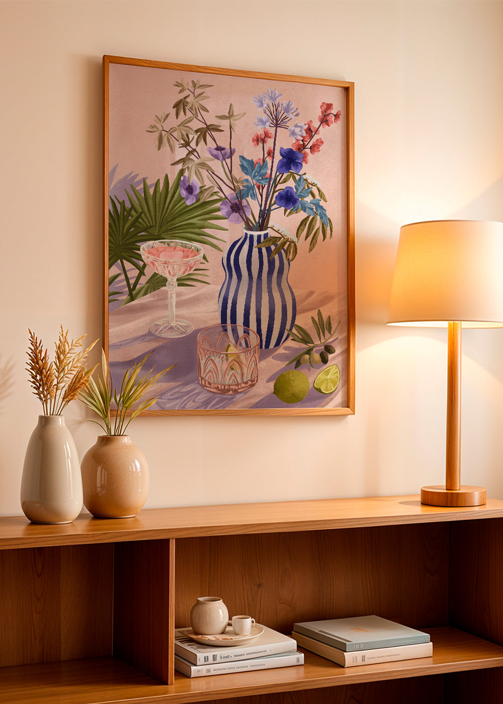 Botanisk poster: blommor i randig vas