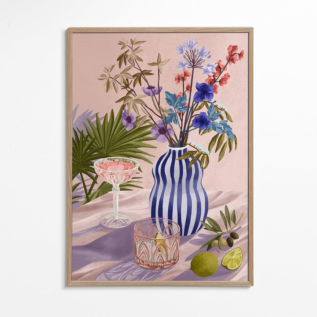 Botanisk poster: blommor i randig vas