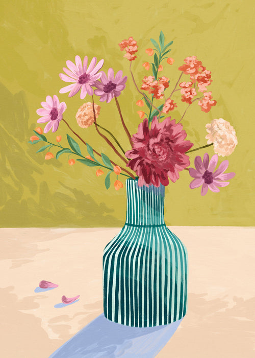 Botanisk poster randig vas med blombukett