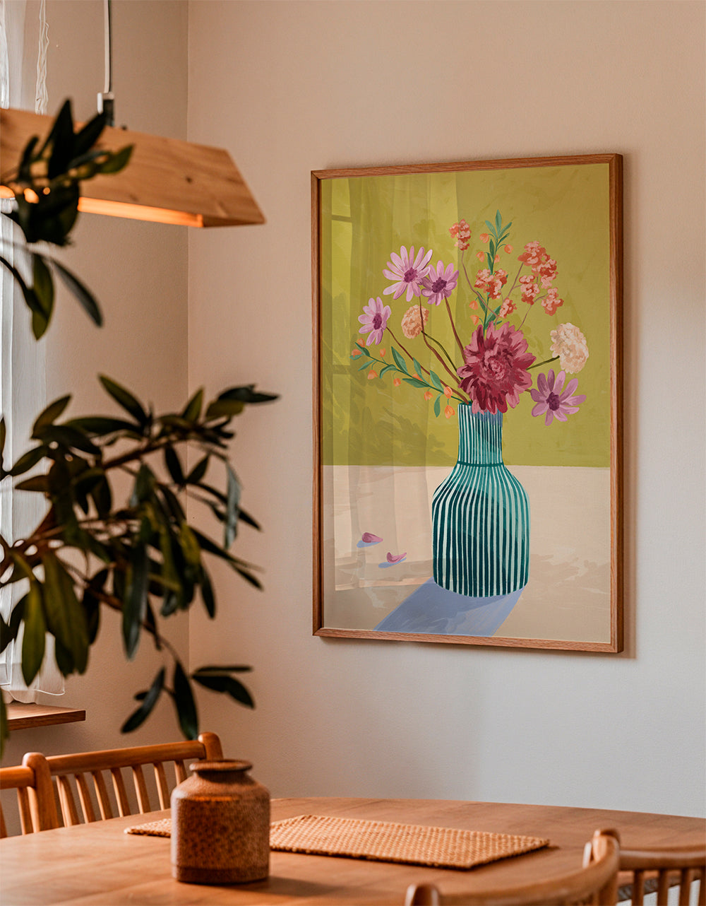 Botanisk poster randig vas med blombukett