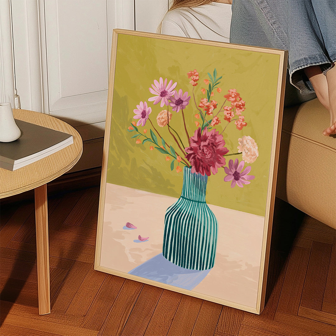 Botanisk poster randig vas med blombukett