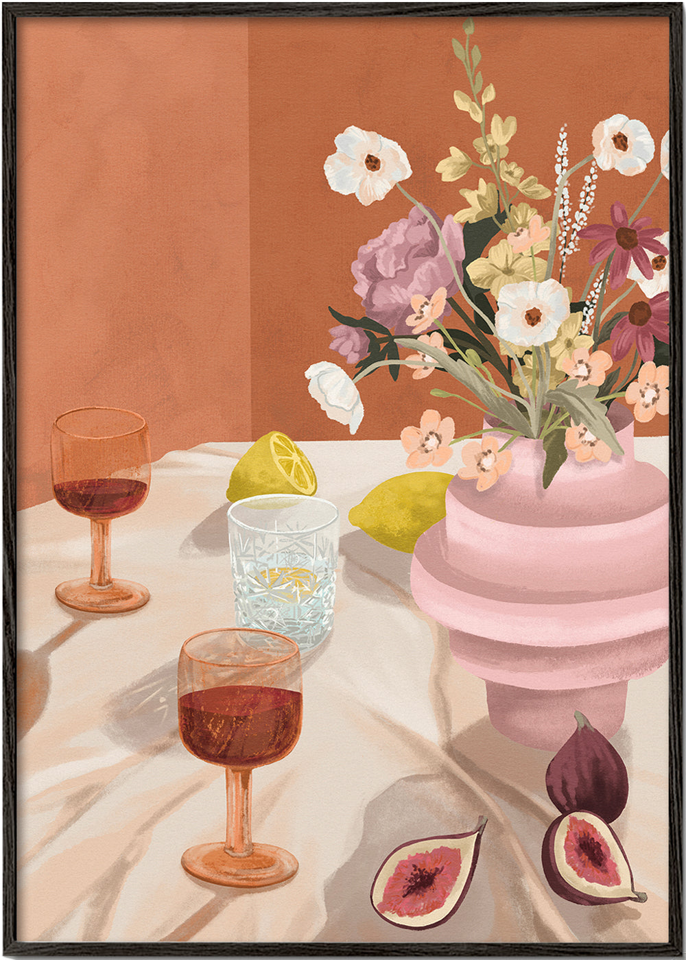 Kökskonst: blomsterstilleben med fikon