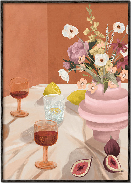 Kökskonst: blomsterstilleben med fikon