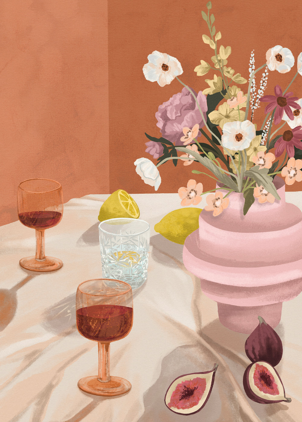Kökskonst: blomsterstilleben med fikon