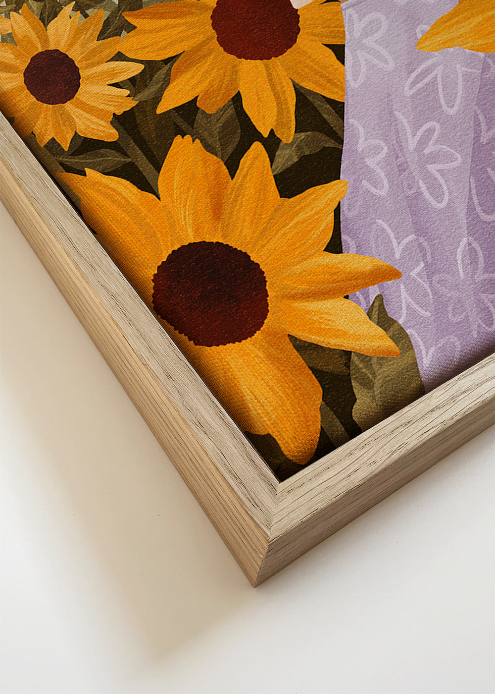Botanisk poster: kvinna bland solrosor
