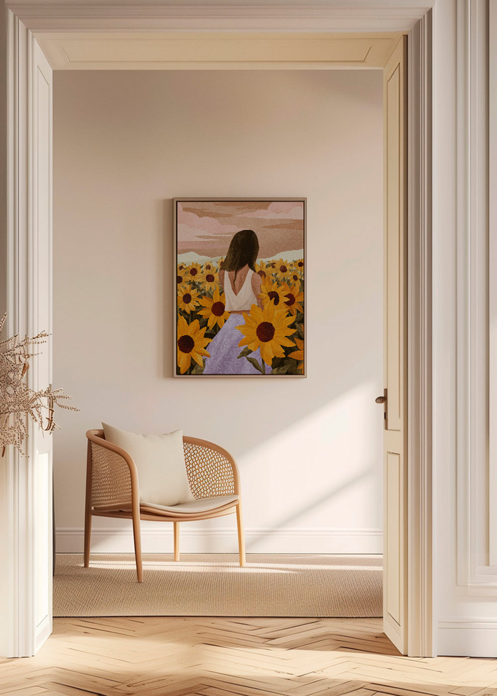 Botanisk poster: kvinna bland solrosor