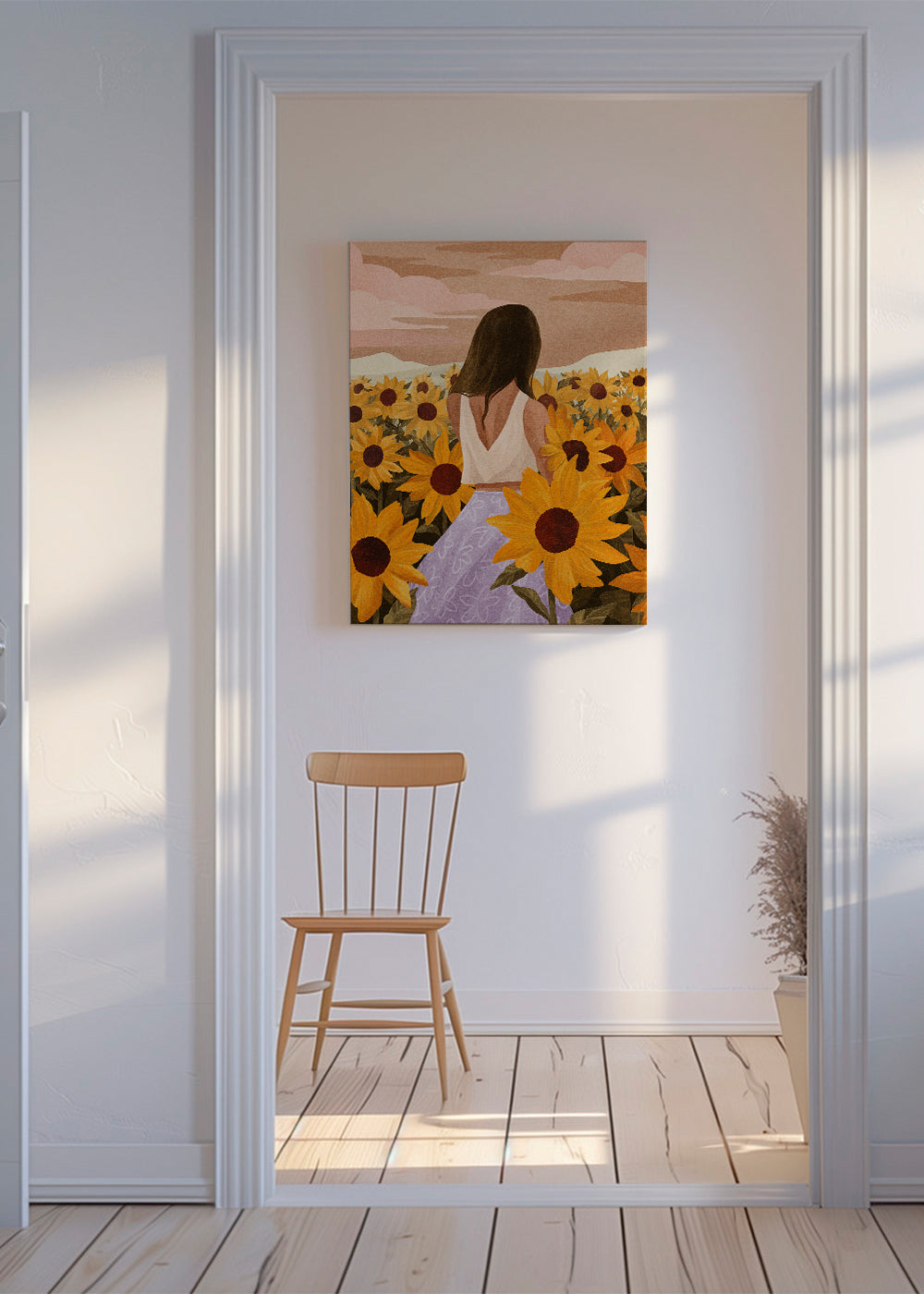 Botanisk poster: kvinna bland solrosor