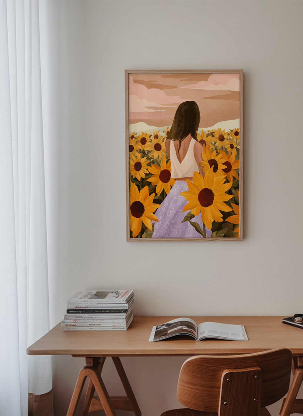 Botanisk poster: kvinna bland solrosor