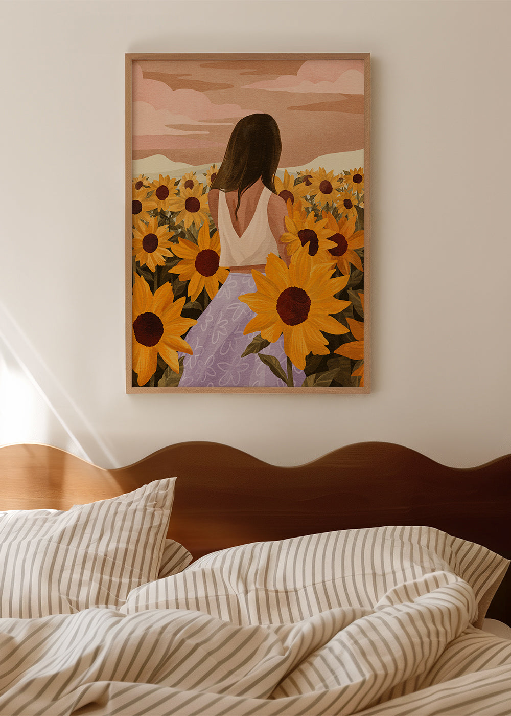 Botanisk poster: kvinna bland solrosor